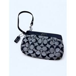 Coach Signature Collection Jacquard Canvas Leather Trim Wristlet Black Grey